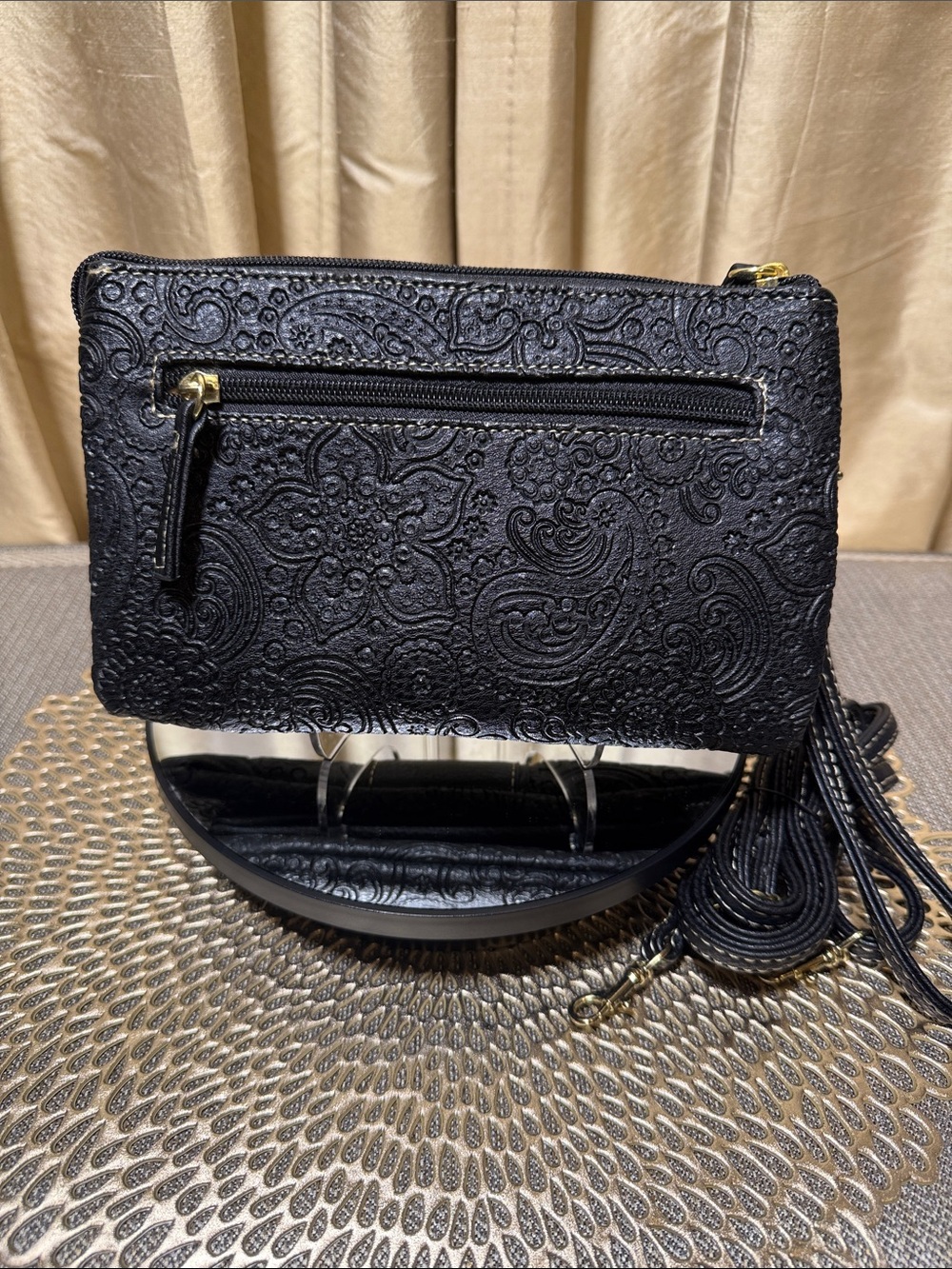 Stone Mountain Black Embossed Leather Wristlet Crossbody Bag - Picture 3 of 13